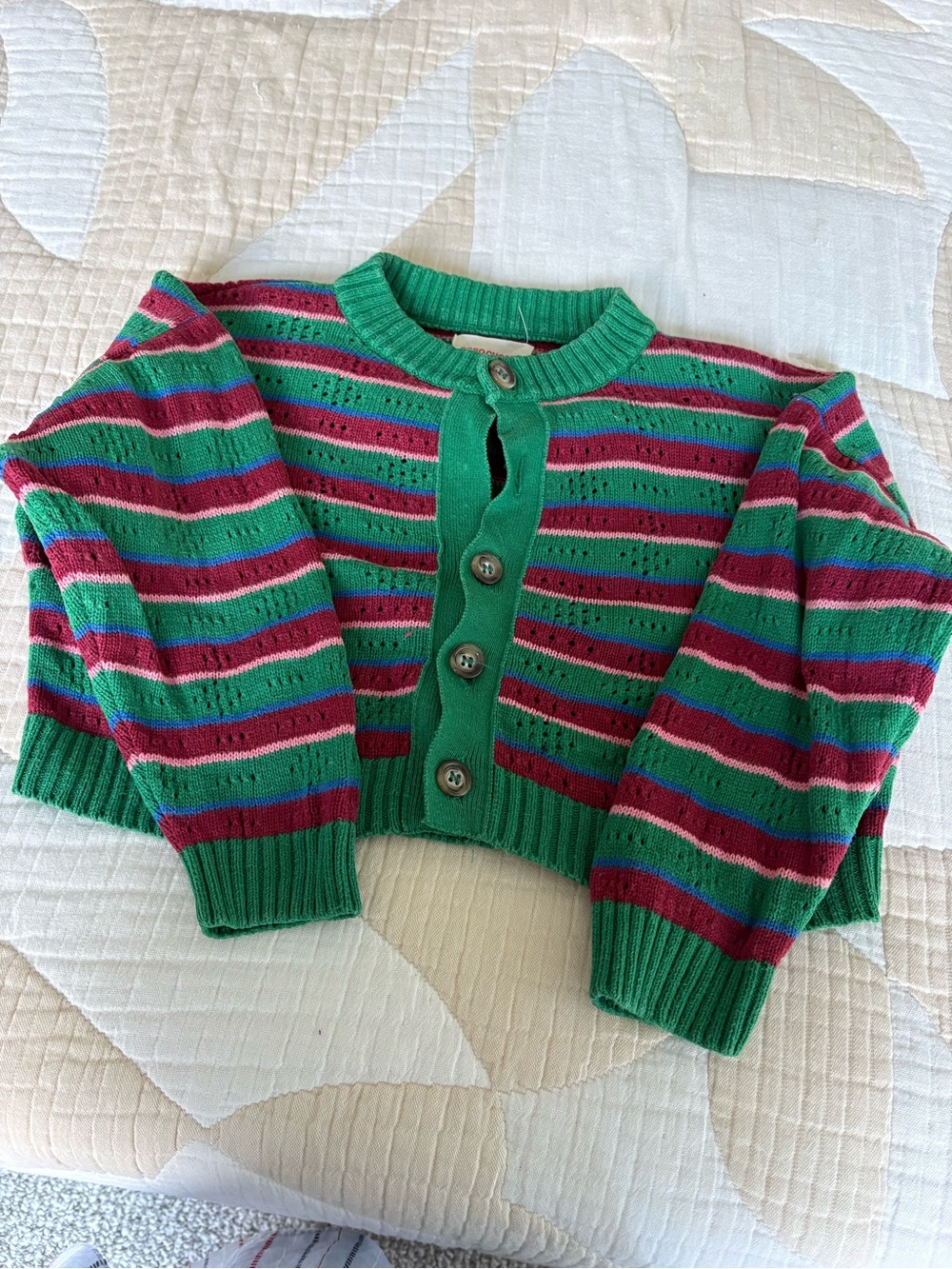 Bobo Choses Green Cropped Cardigan with Pink and Purple Stripes
